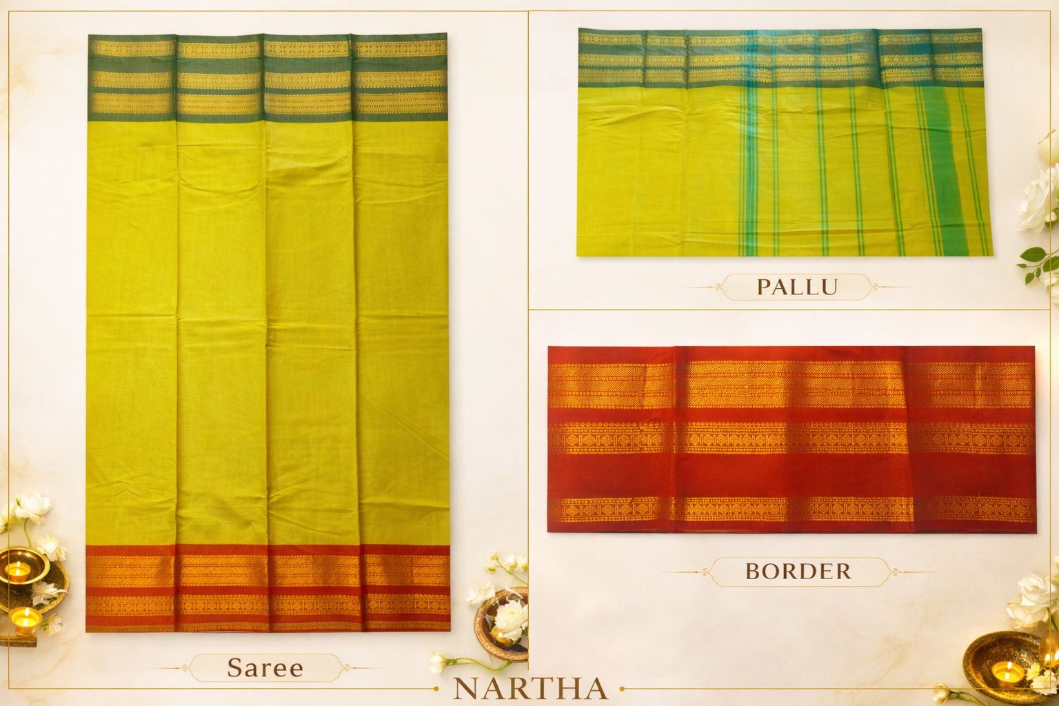 🌿  Haridra Vaibhavi - NARTHA - Chettinad Cotton Saree