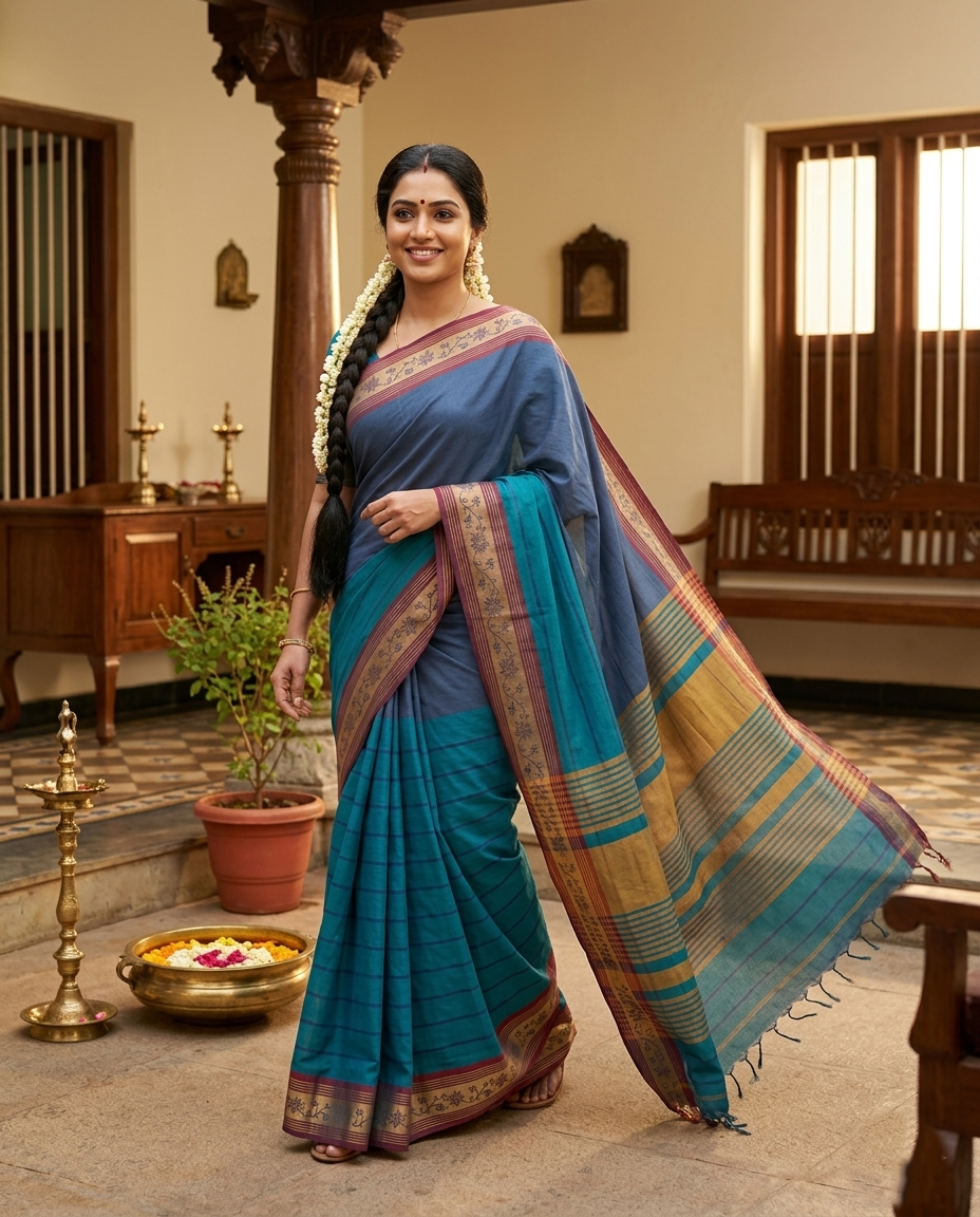 🌿 Neela Samira  - NARTHA – Fiesta Collection | Negamam Cotton Saree