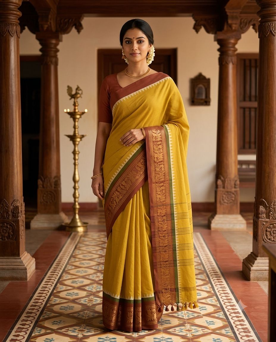 💛 Haridrā Pallavi — NARTHA Fiesta Collection Madurai Chettinadu Pure Cotton Saree
